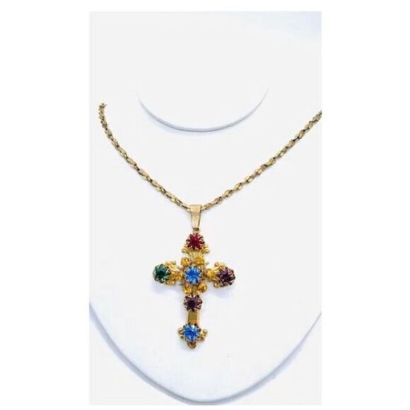 Miriam Haskell Vintage Jeweled Cross Pendant & Necklace - Picture 1 of 7